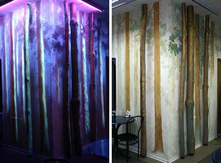 Стены кафе, окрашенные невидимой флуоресцентной краской
