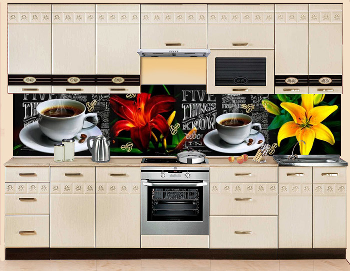 Фартук МДФ Лилия и кофе в интерьере